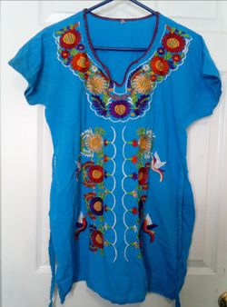 Bright blue embroidered Mexican tunic