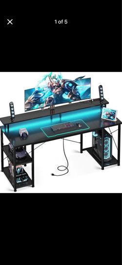 New 63" Gaming Computer Desk with LED Lights, Power Outlets & Monitor Stand - Carbon Fiber Black