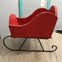 Vintage Painted Red Wooden Sleigh With Black Metal Runners Christmas 14 Inches
