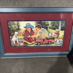 Vintage Guardian Angel & Firefighter Painting 