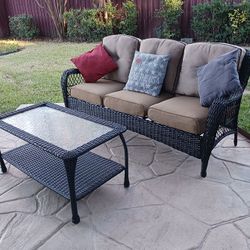 Black Wicker Rattan Patio Sofa and Coffee Table Set