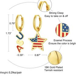 NEVER USED.  Patriotic 18k Gold Plated Hoop Earrings