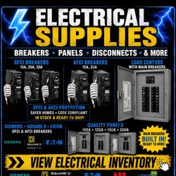 Commercial Electrical Supplies – Breakers, Panels, Disconnects, AFCI, GFCI, Wire & much More. Send me your number for a complete list. Large inventor
