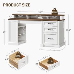 55'' Farmhouse Executive Desk with Drawers, Computer Desk with File Cabinet and Side Bookshelf, Writing Gaming Desk with Monitor Stand & Charging Stat