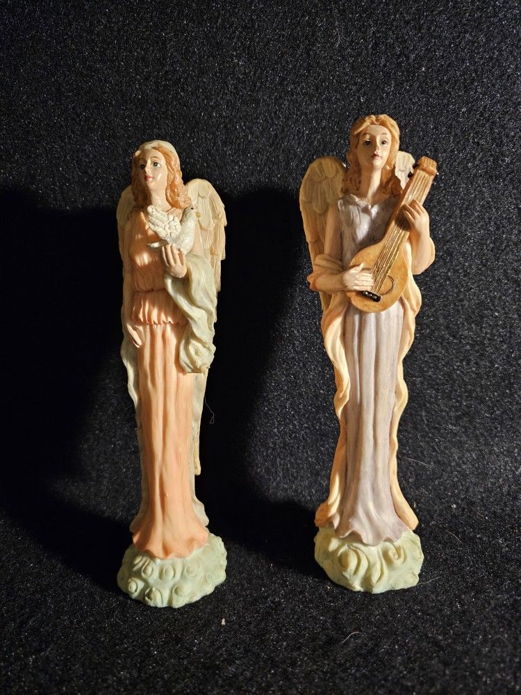 Lot Of 2 Decorative Vintage 9" Resin Angels In Flowing Colored Gowns