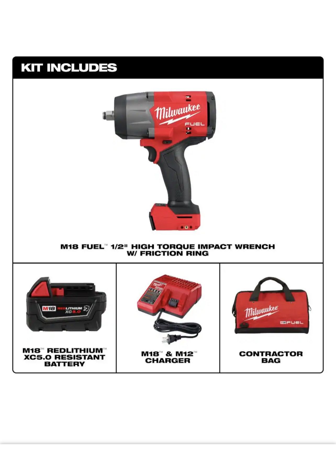 Model # 2967-21B   M18 FUEL 18V Lithium-Ion Brushless Cordless 1/2 in. Impact Wrench w/Friction Ring Kit w/One 5.0 Ah Battery and Bage