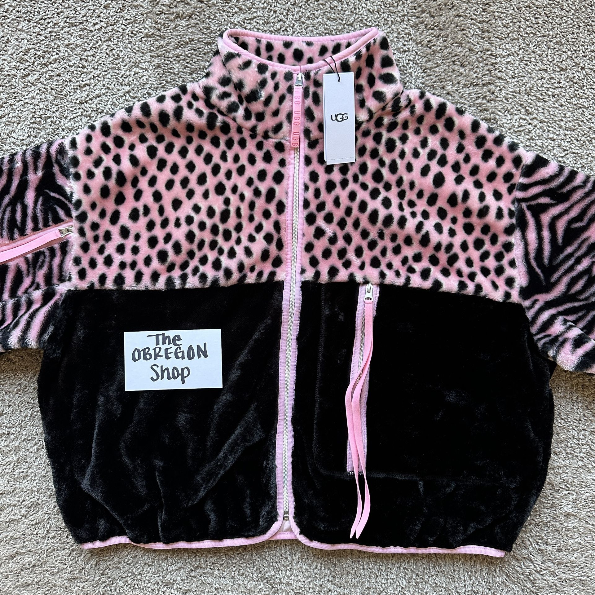 UGG MARLENE SHERPA ANIMALIA WOMENS FULL ZIP JACKET SIZE MEDIUM BLACK PINK NEW