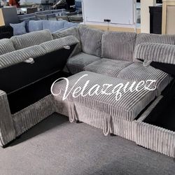 ✅️✅️4 pc Smoke grey fur like corduroy fabric sectional sofa with storage chaise and love seat and pop up sleep area in center USB charging✅️