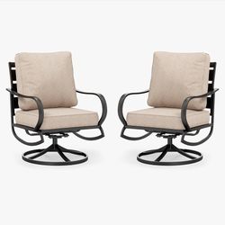 NEW PHI VILLA Steel Swivel Patio Chair Set of 2 with 5.75" Thick Cushion, Beige 2 Piece High Back