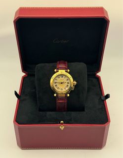 Pasha de Cartier 18k yellow gold Automatic 35mm Burgundy Leather Band 1035 Smooth Bezel Ivory Roman Dial 18k Deployment Buckle Watch box appraisal