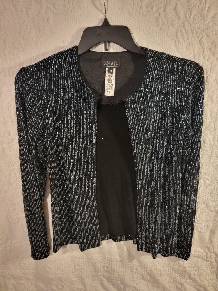 Xscape Joanna Chen Womens Cardigan Medium Black Blue Glitter