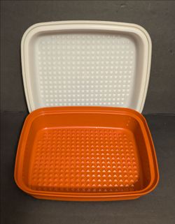 Tupperware Reddish Orange Bottom White Top Plastic Food Container