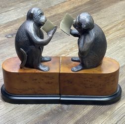 Bronze and Wood Monkey Bookends ~Set Of 2