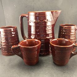 1950s Mar-Crest Stoneware Daisy Dot Beverage Set With Large Pitcher, 2 Coffee Cups, 2 Mugs- 5 Pieces