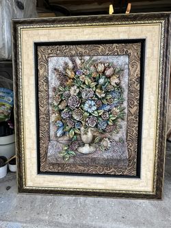 Antique painting of a vase in embossing, hand-painted Home Decor Wall Accents / Art Floral Wall Art – Textured Still Life Bouquet in Ornate Vase Frame