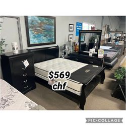 4 Piece Black Queen Size Bedroom Set ( Included Bed Frame,  Dresser ,Mirror , Nightstand )