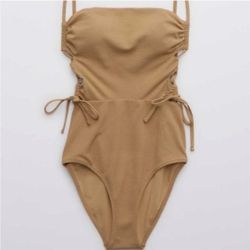 NWT Aerie Pique One Piece Cut-out Swimsuit size M Tan Color