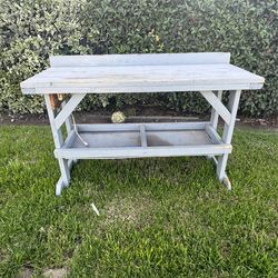 vintage/rustic blue-grey wooden workbench