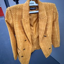 Karl Lagerfeld Women's Gold Button Lined Blazer Jacket Pockets Long Sleeve