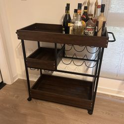 Rolling Bar Cart with Wine Rack & Wood Shelves