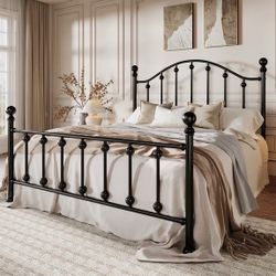 Amolife Full Bed Frame with Victorian Style Iron-Art Headboard and Footboard, Ample Under-Bed Storage Space, No Box Spring Needed, Black