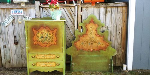 Vintage 1920's Solid Wood Hand Painted Dresser/Armoire/Wardrobe & Matching Tall Scalloped Twin Headboard & Fairy Picture