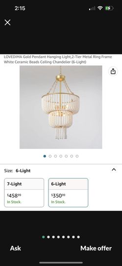 LOVEDIMA Gold Pendant Hanging Light,2-Tier Metal Ring Frame White Ceramic Beads Ceiling Chandelier (6-Light)