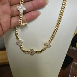 8mm gold plated Cuban link flower chain & bracelet set