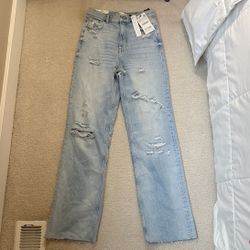 Zara Distressed Slim Fit Wide Leg High Rise Jeans