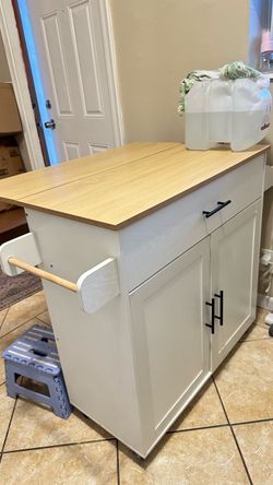 Kitchen Bar island with drawer, cabinets, wheels, and stools