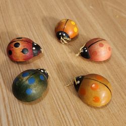 Set of 5 Vintage Wooden Ladybug Magnets - Made in Japan