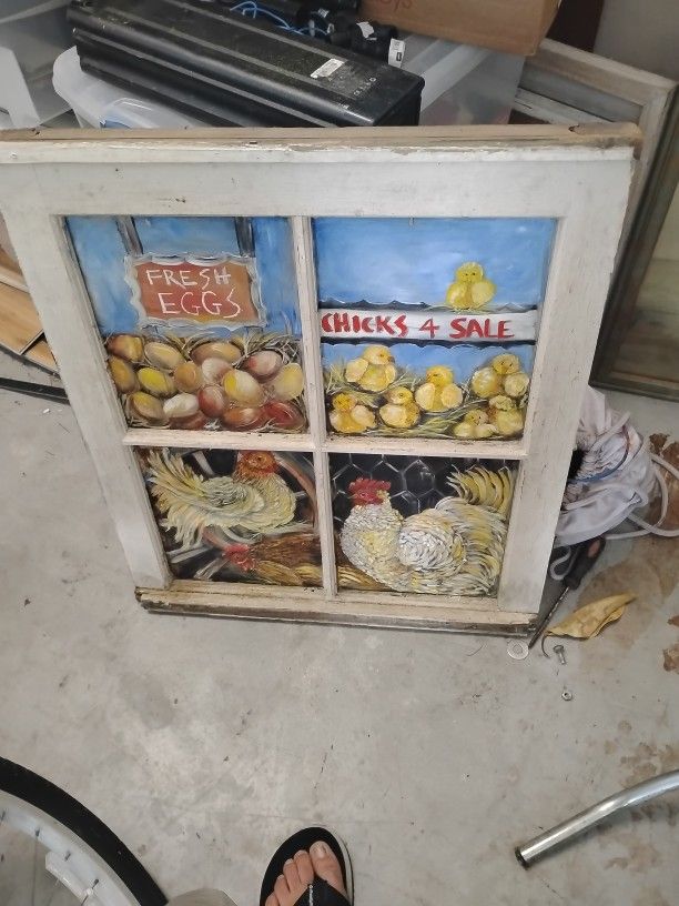 Chicken Painting On Vintage Window Frame