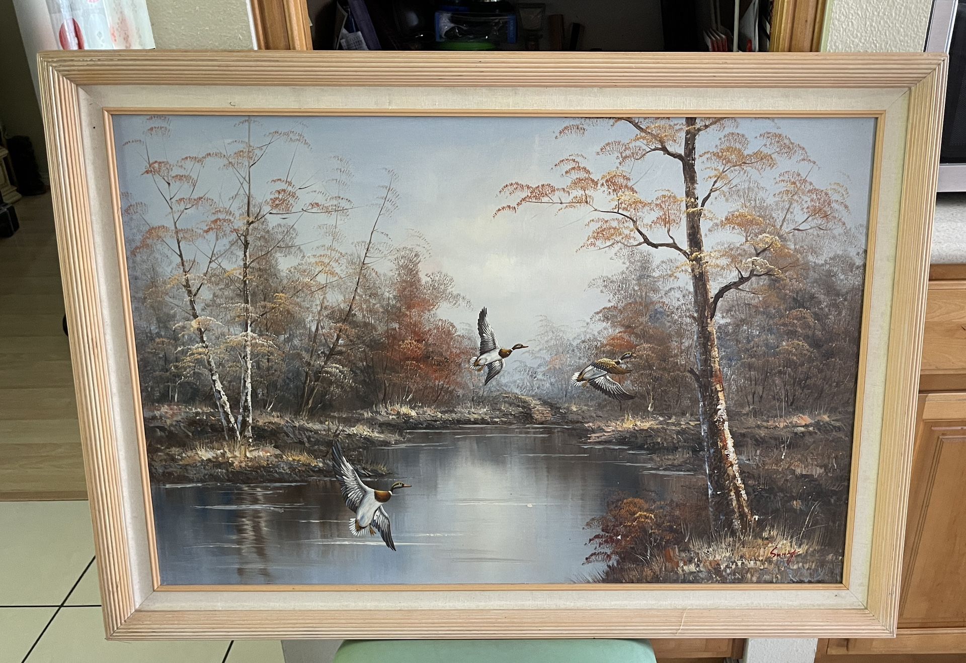 Oil Painting - Ducks Flying Over Lake - Signed - 41” L X 29” H