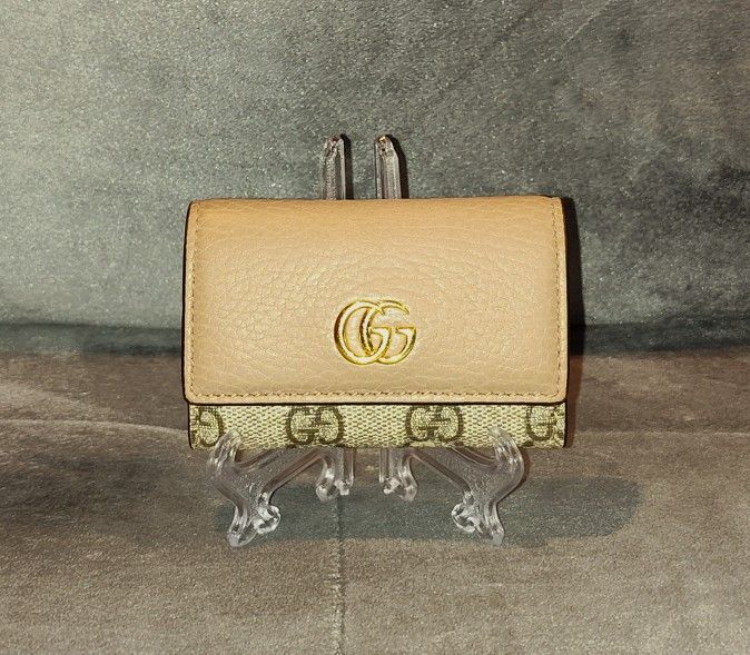GUCCI GG MARMONT BI-COLOR KEY WALLET / KEY HOLDER PINK LEATHER & MONOGRAM SUPREME CANVAS MADE IN ITALY