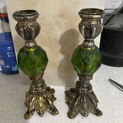 Pretty Pair Of Candlestick Holders Metal With Green Lucite 