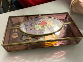 Brass and Glass Jewelry Box with Floral Lid