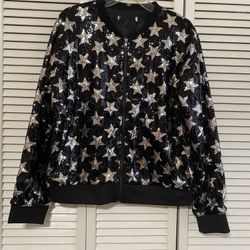 Bomber Jacket Sequins Black Silver Stars.