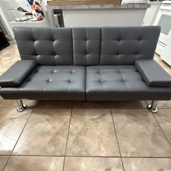 Grey Modern Faux Leather Futon 