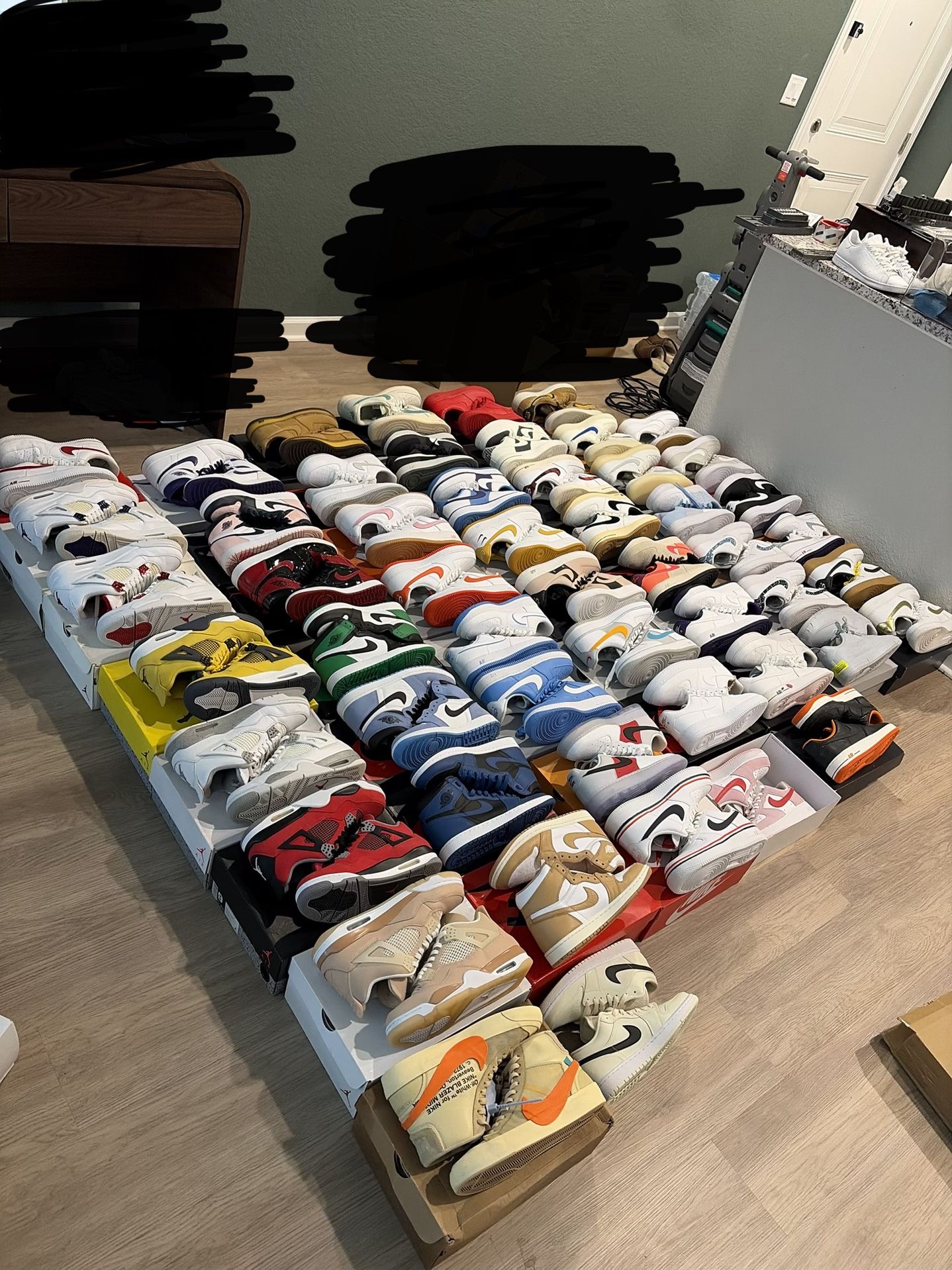 56 Pair Sneaker Bundle Jordans / Nike Off White / Air Force 1 / Dunks / Foamposite / Kobe