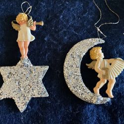 Two vintage celluloid, Mica glitter Christmas angel ornaments