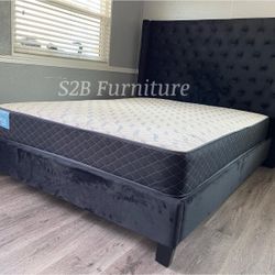 Queen Black Chanelle Wingback Bed With Orthopedic Mattress Included 