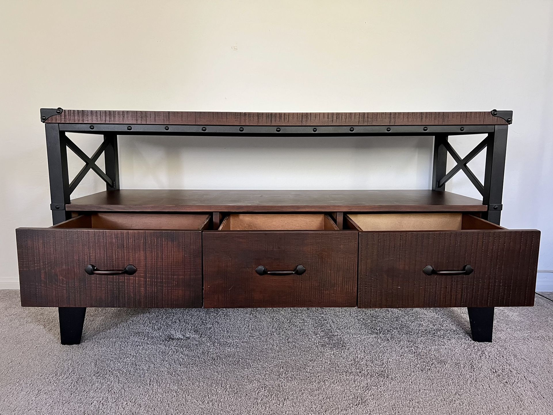 Solid Wood And Iron TV Stand With 3 Drawers for Sale in Las Vegas, NV