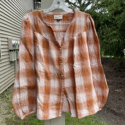 Universal thread orange plaid gauzy puff sleeve blouse medium  