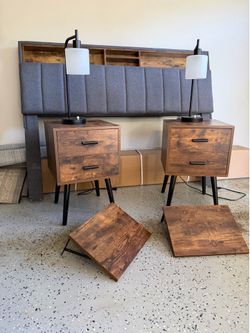 Queen bed wood metal fabric tufted, dressers, lamps