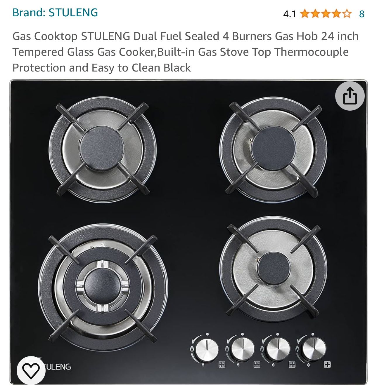 Gas Cooktop STULENG Dual Fuel Sealed 4 Burners Gas Hob 24 inch Tempered Glass Gas Cooker,Built-in Gas Stove Top Thermocouple Protection and Easy to Cl