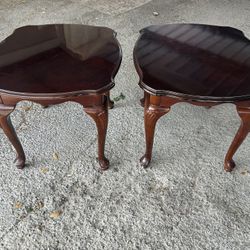 Two Queen Anne Style Cherry Finish End Tables