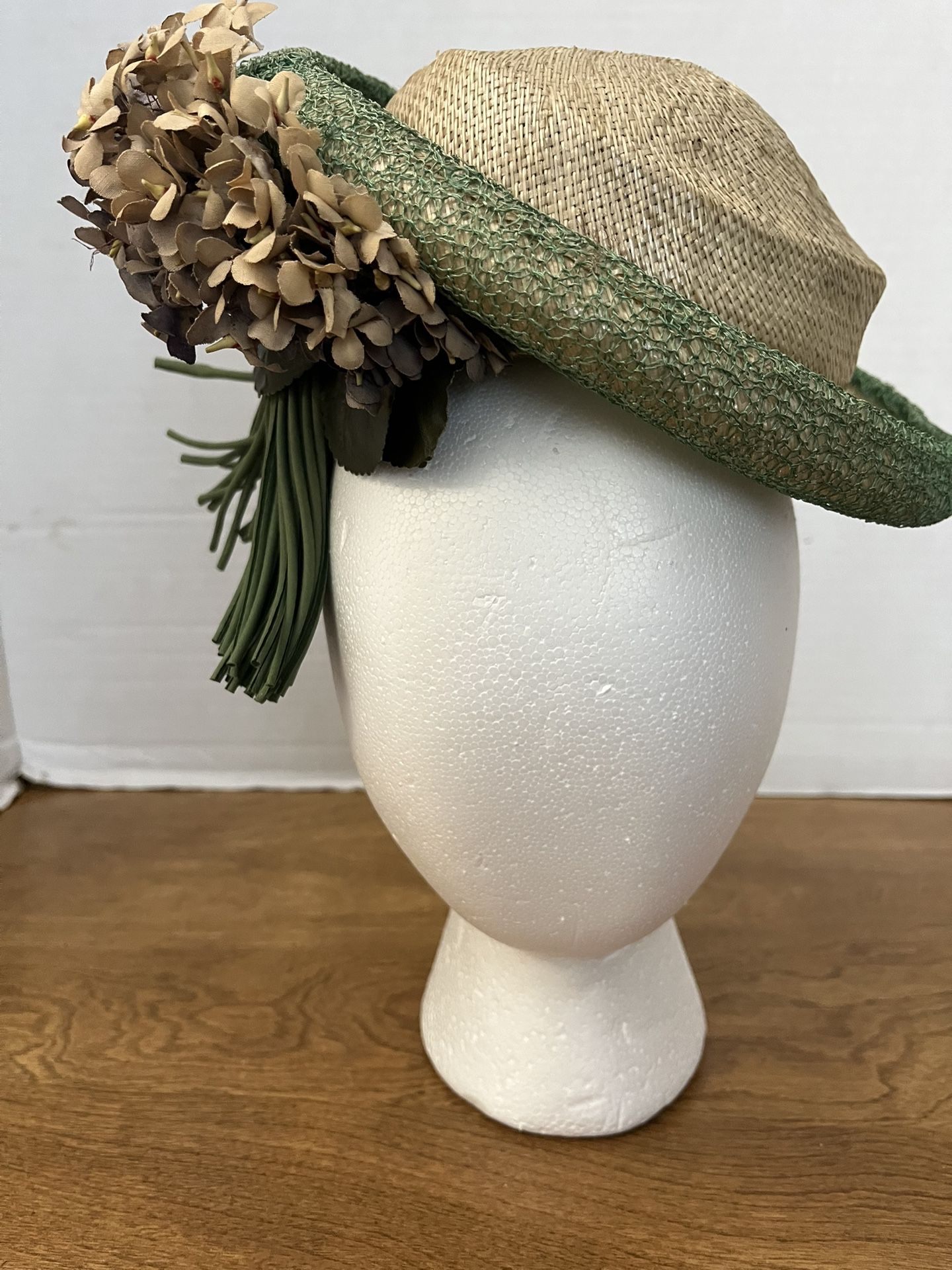 Vintage Woven Straw Hat w/ Silk Hydrangea Flower by Addie Ann Califor