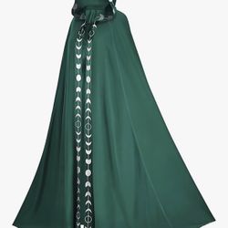 Green Moon Phases Embroidery Hooded Renaissance Medieval Cloak, 3XL *BRAND NEW*