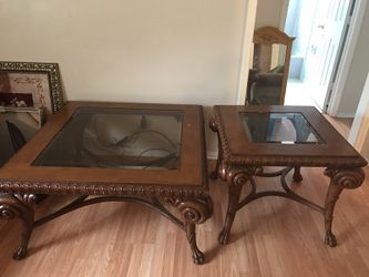 2 wood antique tables wear and scratches
