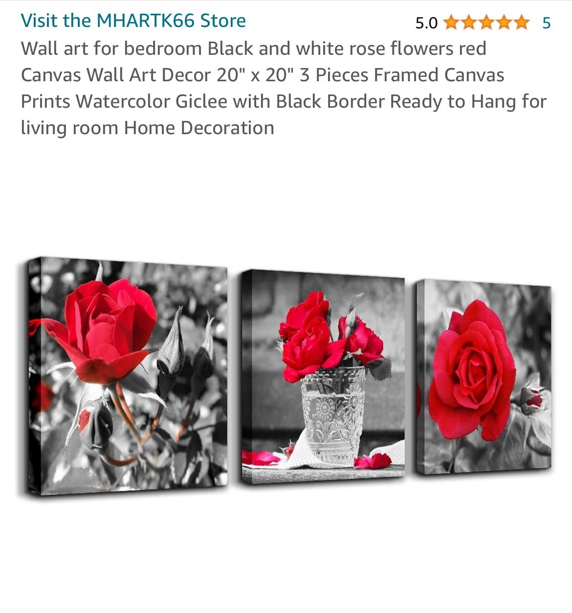 NEW Wall Art - Red Black & White Roses - Set of 3